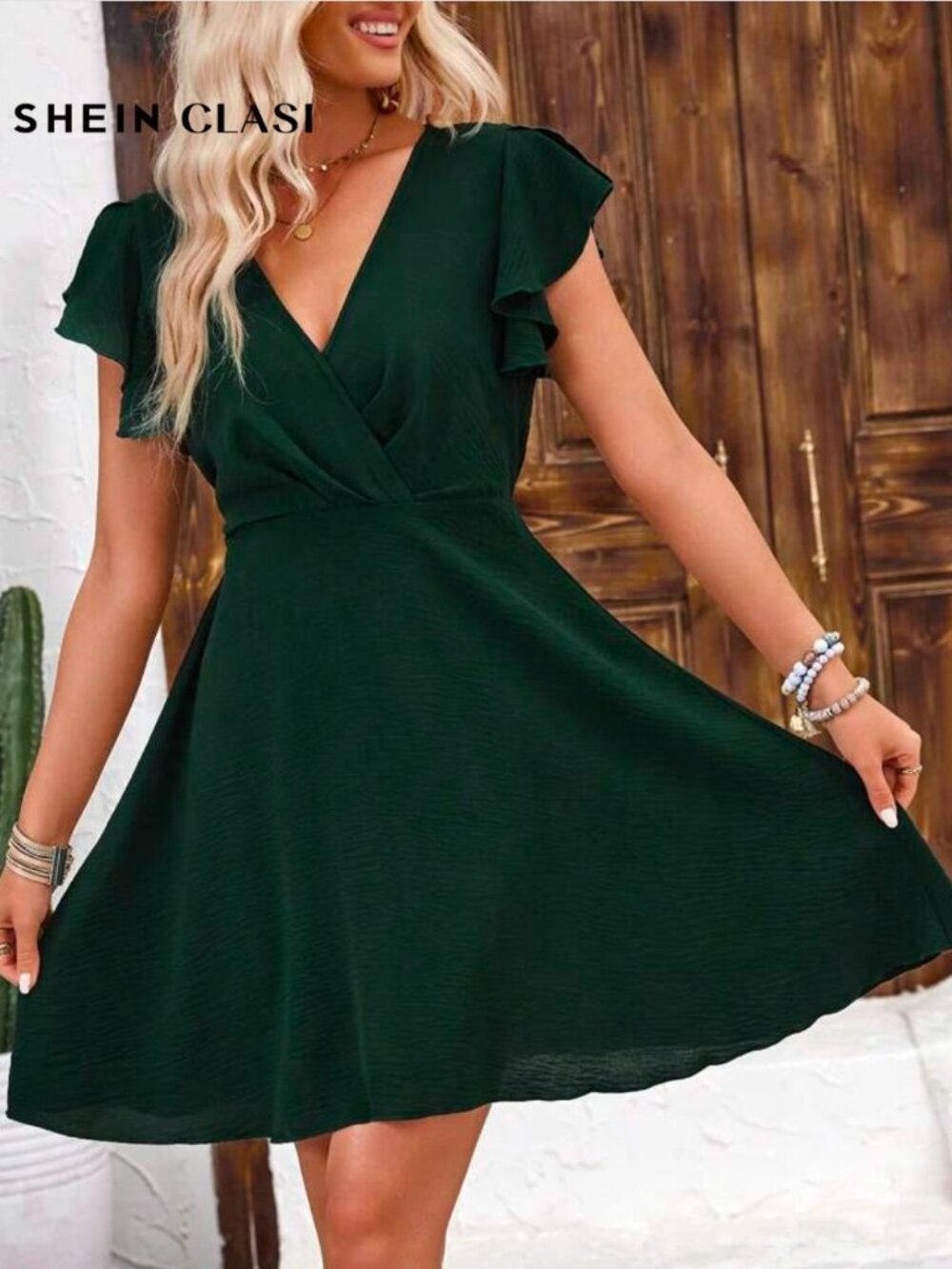 SHEIN Clasi Solid Color V-Neck Waist-Cinched Casual Dress